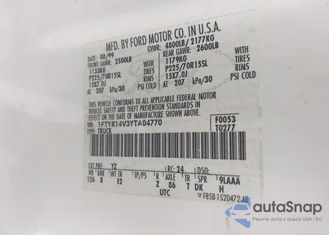 2000 Ford Ranger Xl/Xlt из США, поврежденный, VIN 1FTYR14V3YTA04770